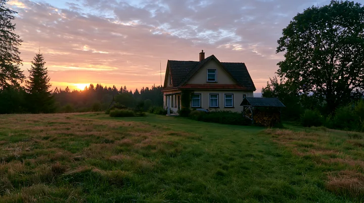 A rural cottage with firewood stack stands in a grassy field during sunset.