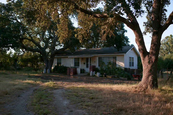 A rural home under oak trees sits beside a dirt road with containers around the porch.