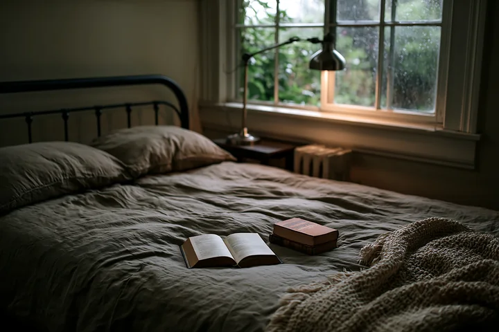 A rustic bedroom features linen bedding on a neatly made bed with an open book and a closed book resting on it.
