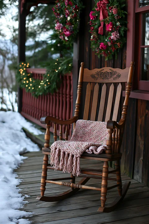 A rustic cottage porch displays Christmas decorations, featuring a wooden rocking chair adorned with a knitted blanket.