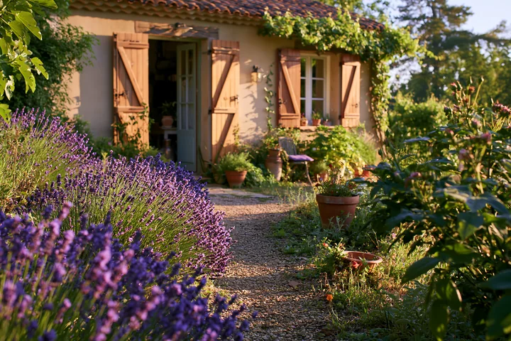 A rustic house with wooden shutters stands near a pathway lined with lavender plants.
