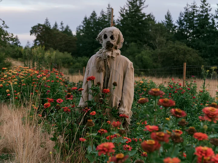 A scarecrow stands in the midst of vibrant wildflowers and tall grass in a rural field.