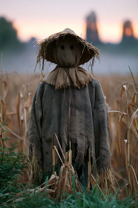 A scarecrow stands tall among the corn stalks with a backdrop of early morning light and fog in a rural setting.