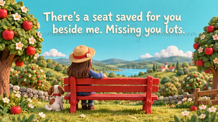 A whimsical 3D greeting illustration shows a person in a straw hat sitting on a red bench beside a small dog, overlooking a lake and green hills framed by flowe