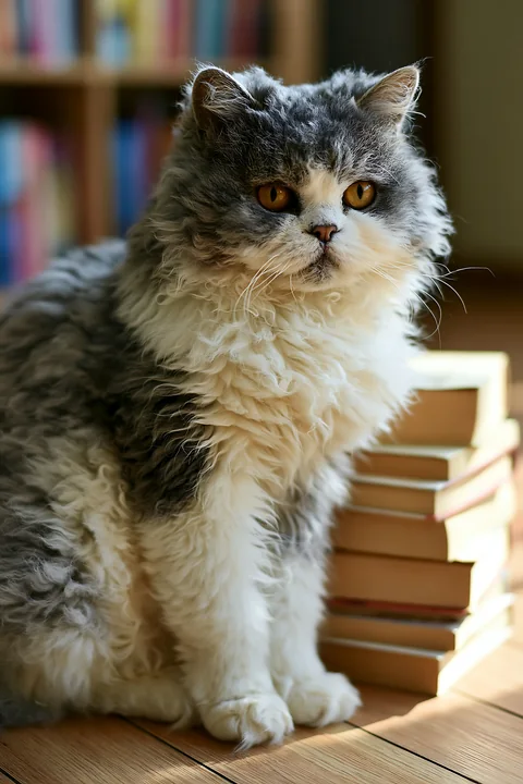 A Selkirk Rex cat sits beside a stack of books in a cozy indoor space.