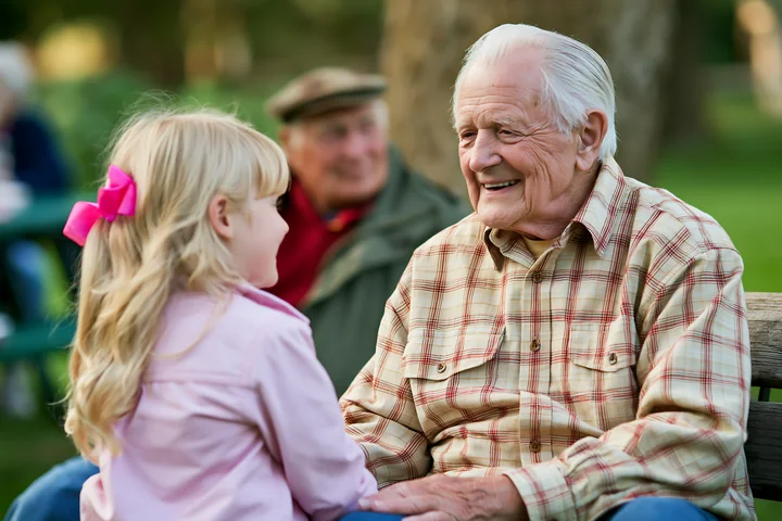 A senior man interacts with a young girl in a park setting.
