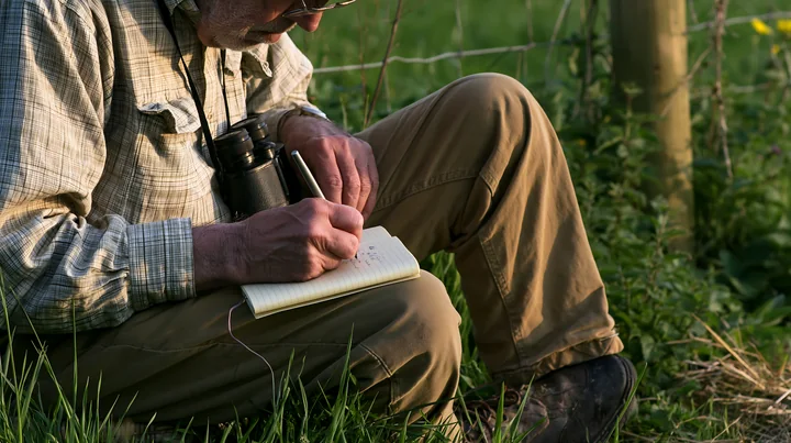 A senior person writing in a notebook shows hand tremor while sitting on the ground.