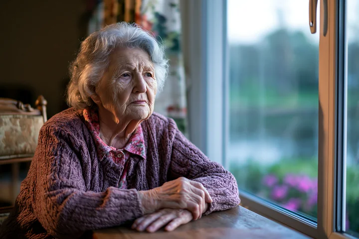 A senior with Alzheimer's looking out a window while seated at a table.