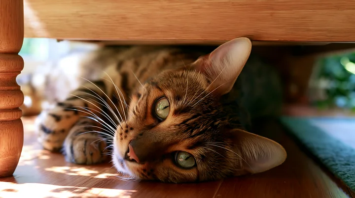 A Serengeti cat indoors lies on the floor beneath a wooden table.