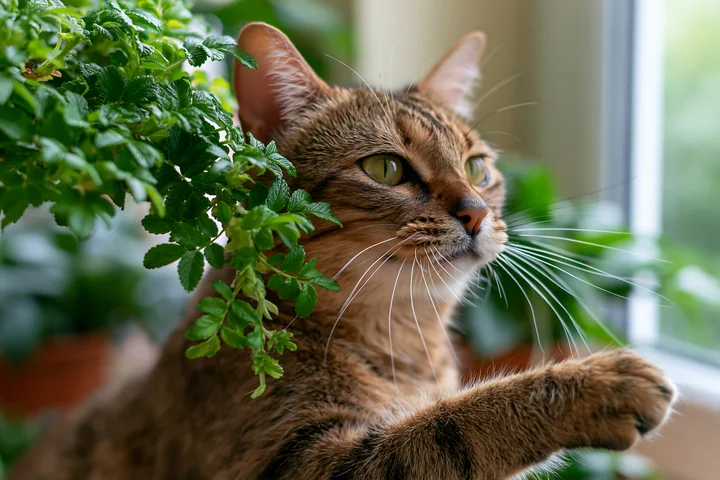 A Serengeti cat interacts with plants in a bright indoor space.