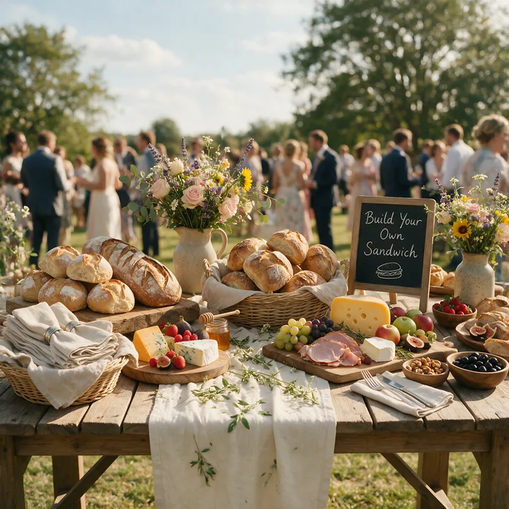 A setup for a sandwich buffet station features various breads, cheeses, and fresh toppings in a garden setting during a lively outdoor gathering.