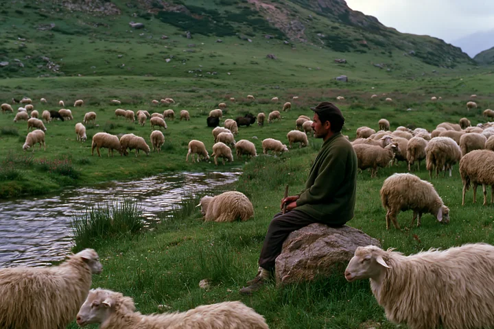 A shepherd sits on a rock near a stream, watching over a flock of sheep grazing in a mountain meadow.