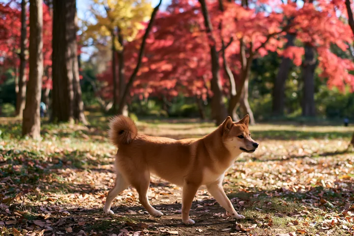 A Shiba Inu dog walking in an autumn park with fallen leaves and bright red and yellow trees.