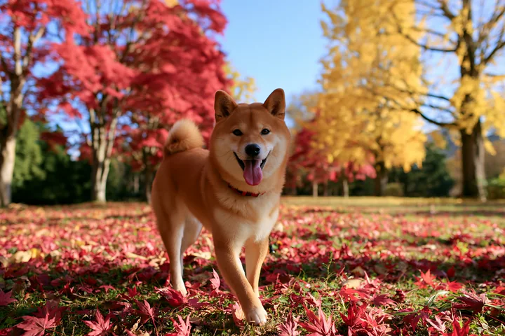 A Shiba Inu dog walking in autumn park surrounded by vibrant leaves.
