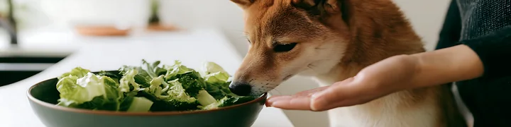 A shiba inu is looking at a bowl of fresh vegetables while a hand holds out food in a kitchen.