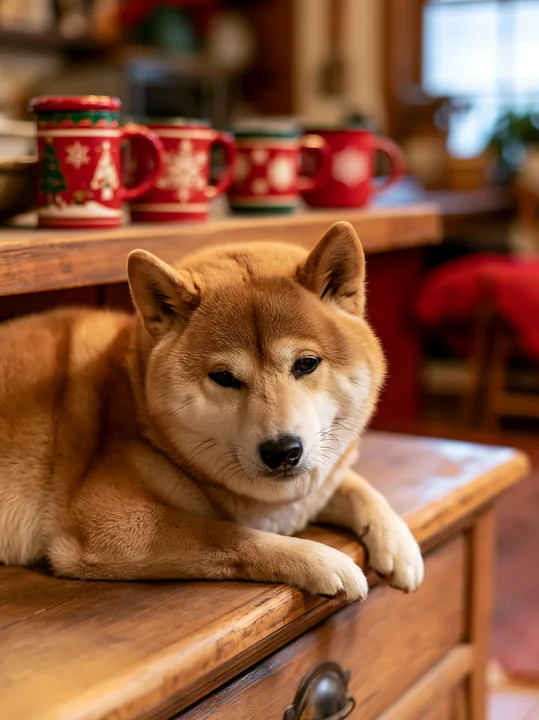 A Shiba Inu lying near holiday mugs in kitchen creates a cozy atmosphere.