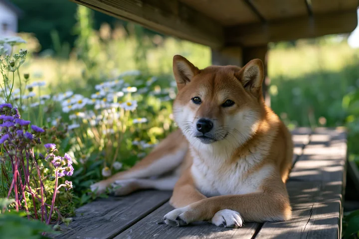 A Shiba Inu rests comfortably under a wooden structure surrounded by a vibrant meadow filled with flowers.