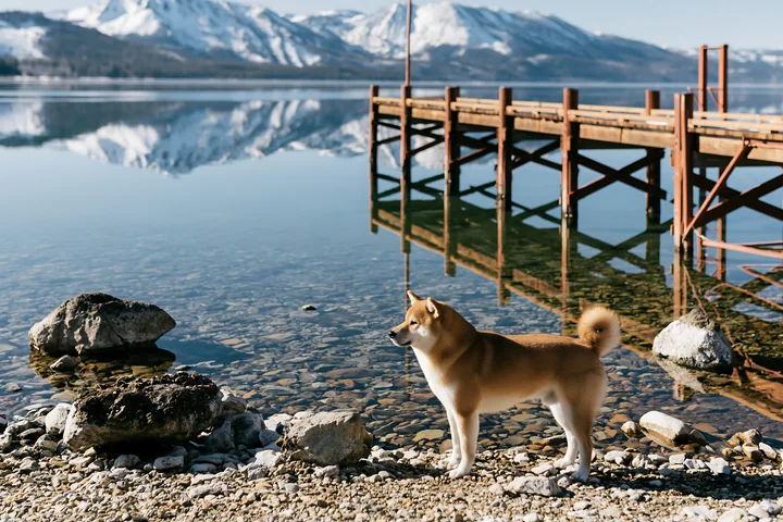 A shiba inu stands by a clear lake, gazing at its reflection beneath a wooden dock.