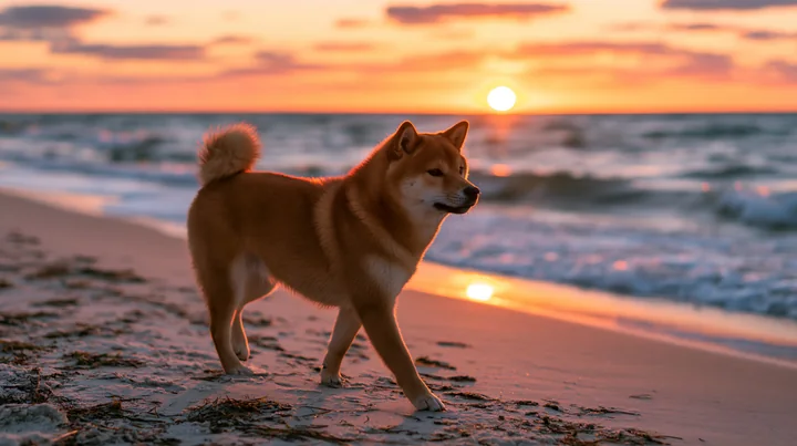 A Shiba Inu walks on the sandy beach as the sun sets over the horizon, reflecting warm colors on the water.