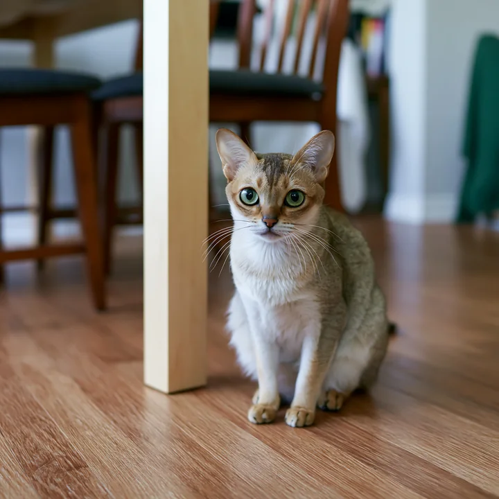 A Singapura cat sits on a wooden floor inside a home.