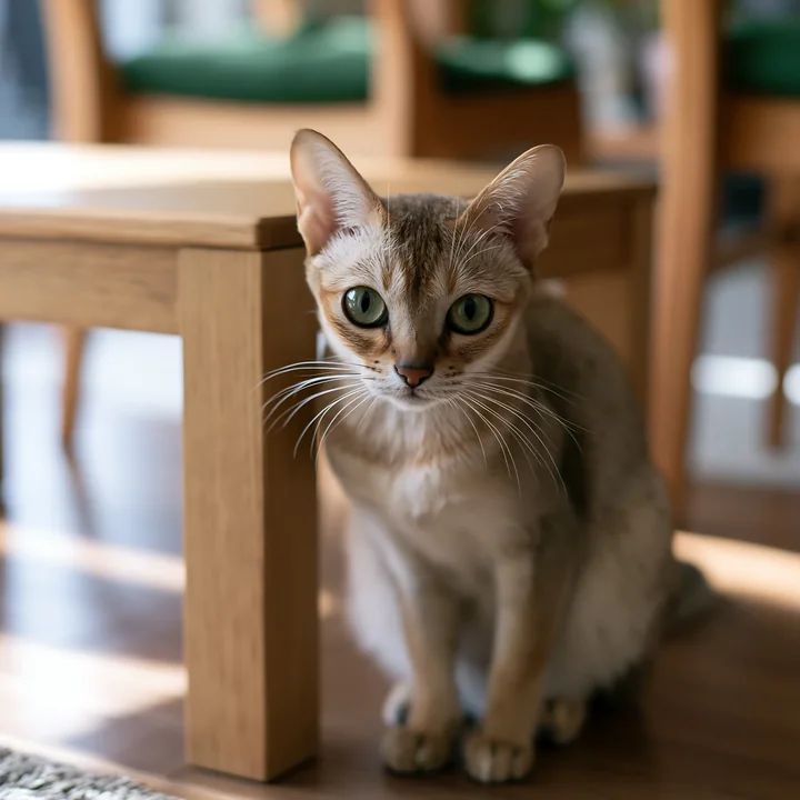 A Singapura cat with green eyes sits on the floor near a wooden table.