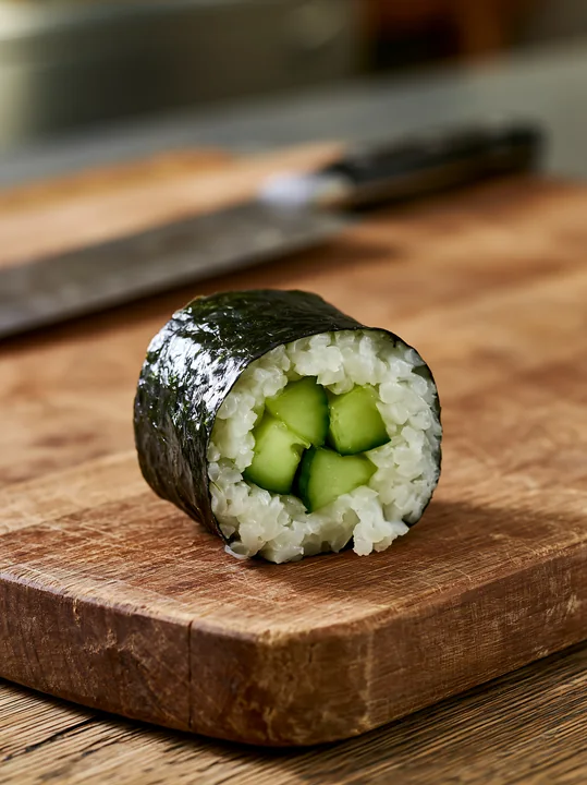 A single cucumber maki roll sits on a wooden cutting board.