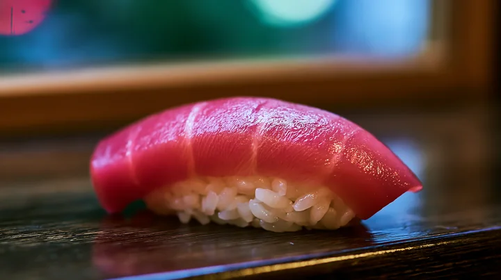 A single sushi piece with colorful fish topping rests on a wooden table.