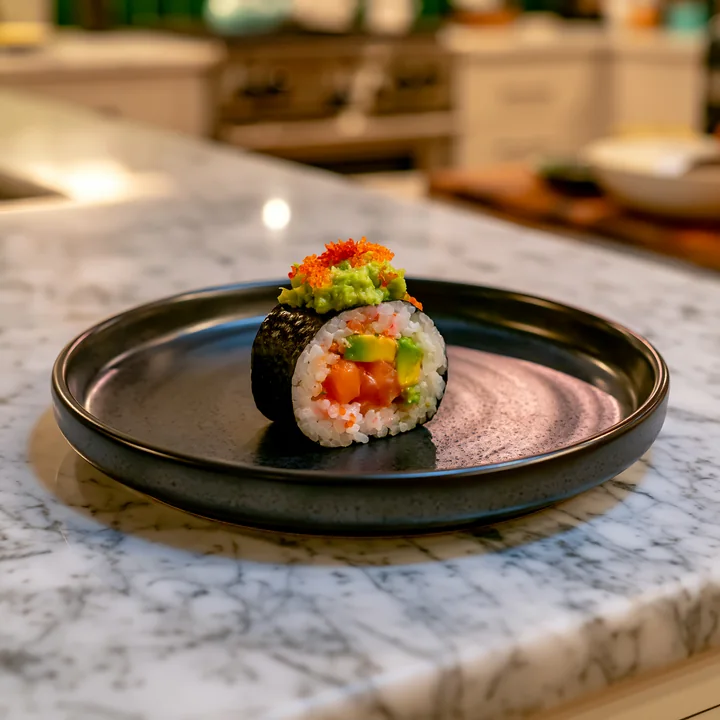 A single sushi roll on a black ceramic plate rests on a marble kitchen countertop.