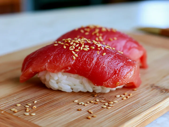 A single tuna nigiri sits on a wooden board, topped with sesame seeds.