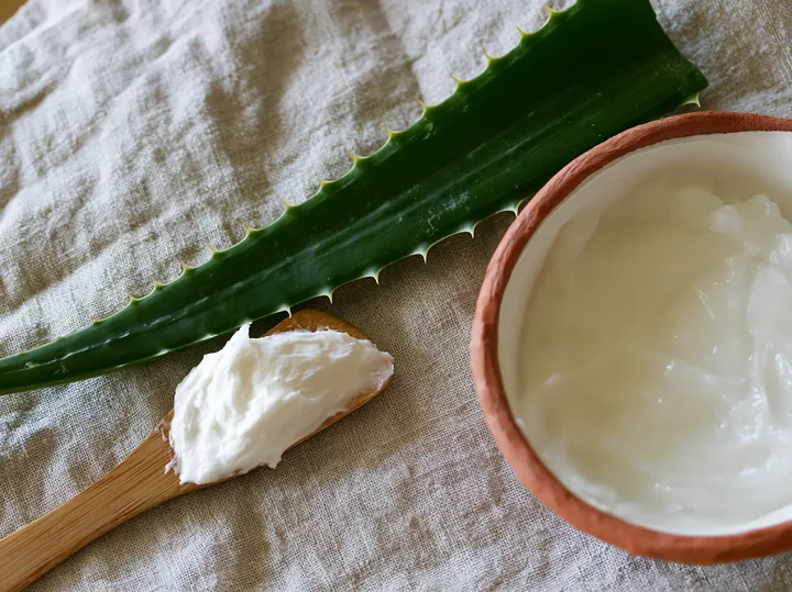 A small bowl of cream sits next to an aloe vera leaf on a light fabric.