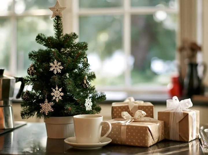 A small Christmas tree with monochrome decorations stands on a kitchen counter beside wrapped gifts and a cup of coffee.