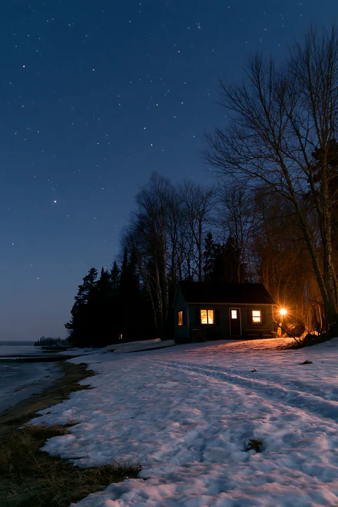A small home sits by the water's edge, illuminated by a warm light, while bright stars fill the clear night sky.