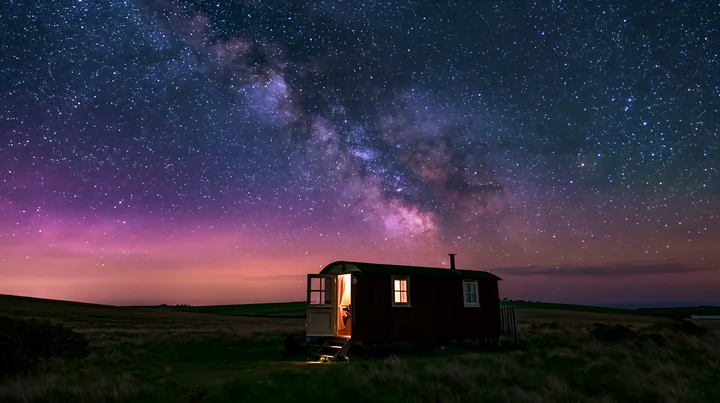 A small home sits in a vast wilderness with a bright light glowing from the window.