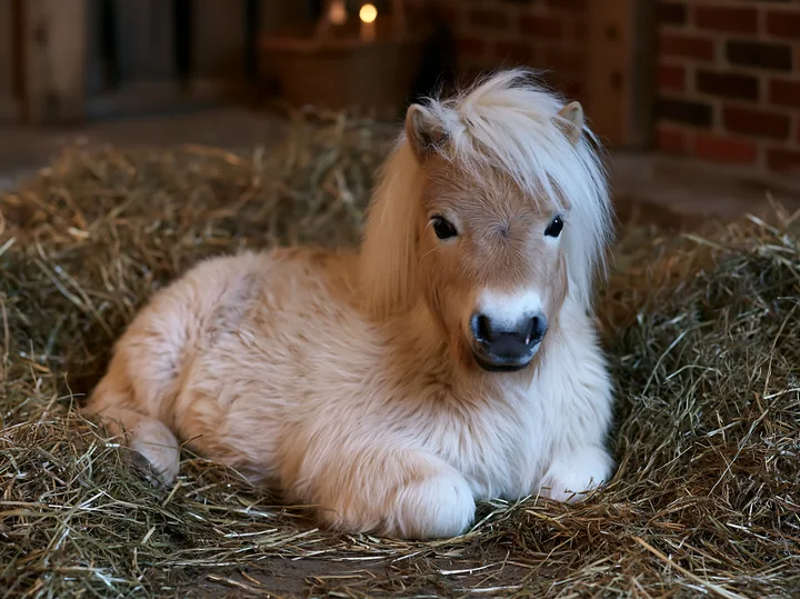 A small horse is resting comfortably on a bedding of straw in a barn environment.