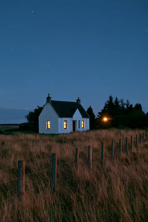 A small house in a meadow stands under a starry night sky, with warm light glowing from the windows.