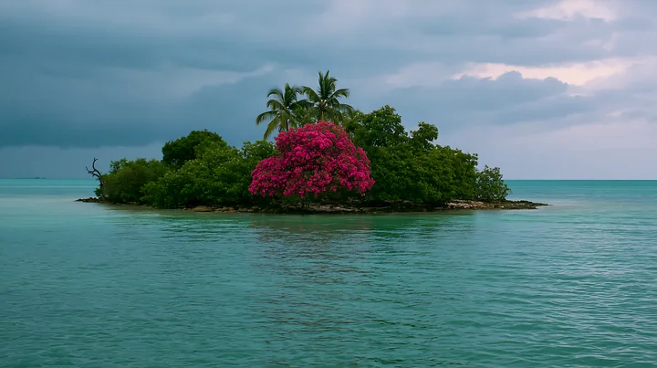 A small island features lush greenery and vibrant pink flowers against a cloudy sky.