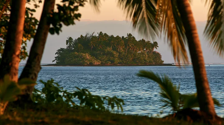 A small island with green plants and flowers is visible in a tropical lagoon as the sun sets.