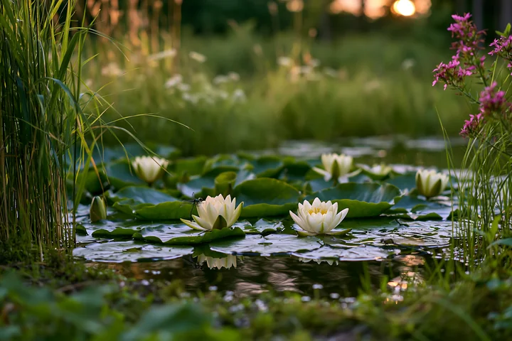 A small pond with white water lilies floats among lush green plants.
