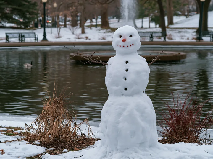 A snowman stands in a city park next to a frozen pond.