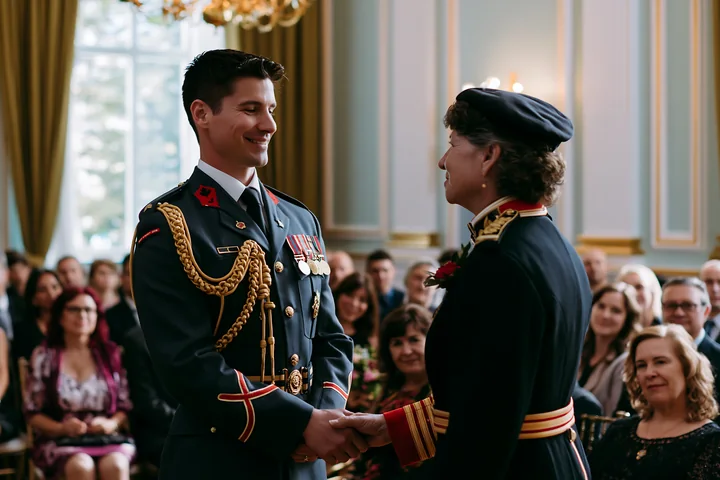 A soldier receiving medal stands in front of an audience at an official ceremony.