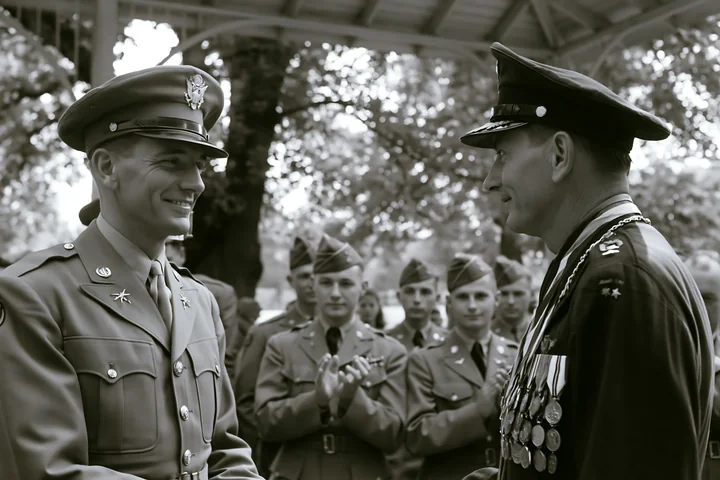 A soldier receiving medal stands smiling during a military award ceremony surrounded by fellow soldiers who are clapping.