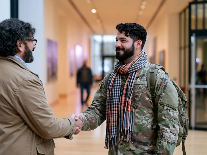 A soldier shaking hands with a civilian inside a modern art gallery with neutral colors.