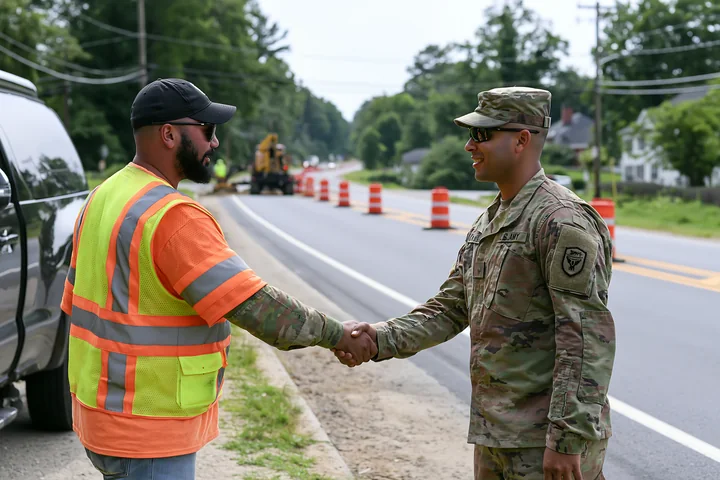 A soldier shaking hands with a construction worker beside a busy road.