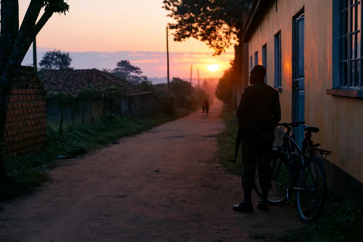 A soldier stands by a bicycle on a dirt road as the sun rises, with trees lining the path and a light fog in the air.