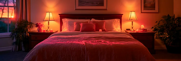 A spacious bedroom features a large bed with soft bedding, bedside lamps, and a view of a sunset through the window.