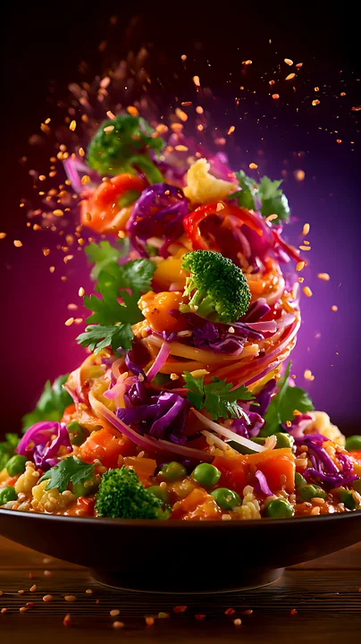 A stack of fresh vegetables including broccoli, carrots, and cabbage rises from a bowl against a dark background.