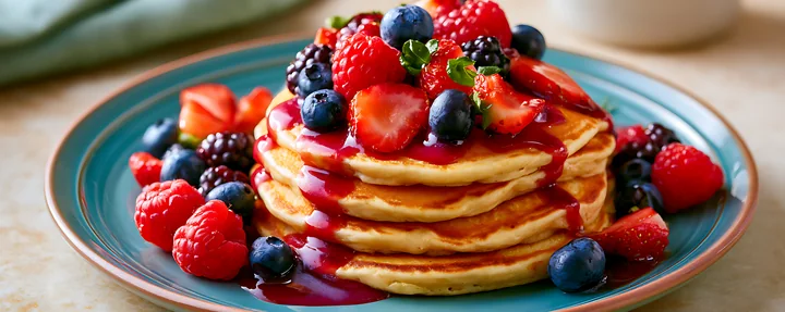 A stack of golden pancakes topped with mixed berries and syrup sits on a teal plate.