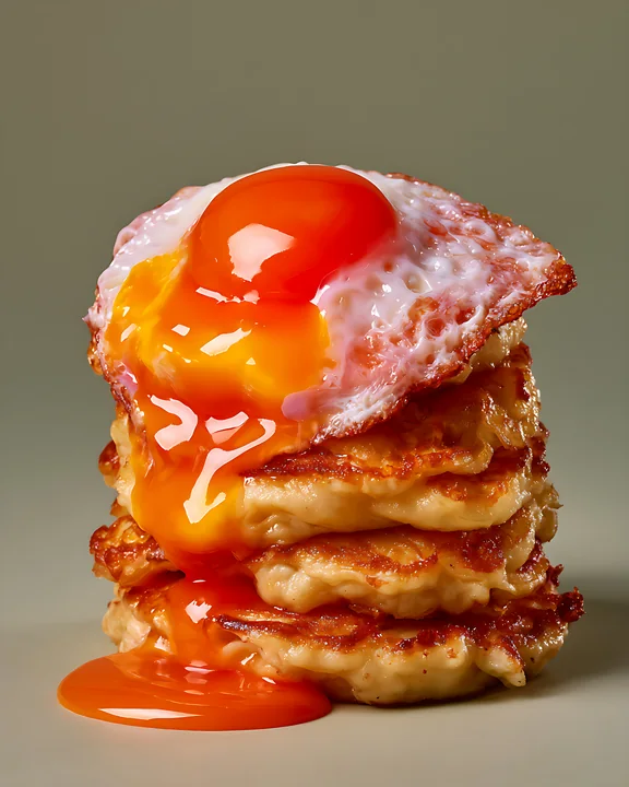 A stack of three pancakes is placed on a flat surface, topped with a fried egg.