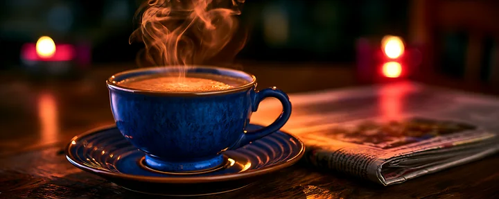 A steaming cup of coffee sits on a blue plate next to a newspaper on a wooden table.