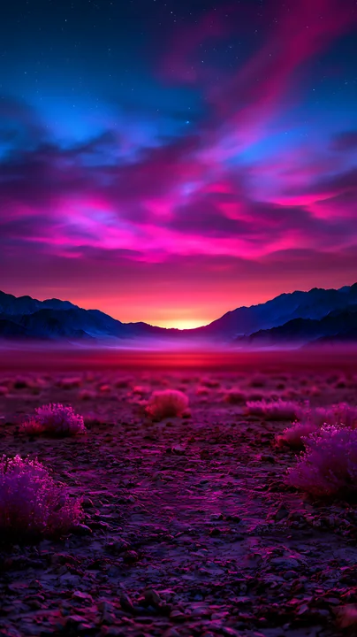 A sunset creates a colorful display over a barren desert landscape with mountains in the background.